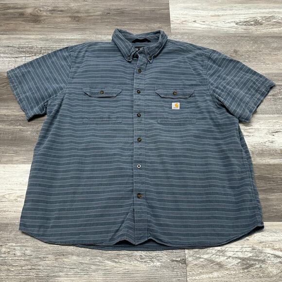 Carhartt Blue Striped Men 2XL Loose Short Sleeve Button Down Chambray Work Shirt - Picture 1 of 10